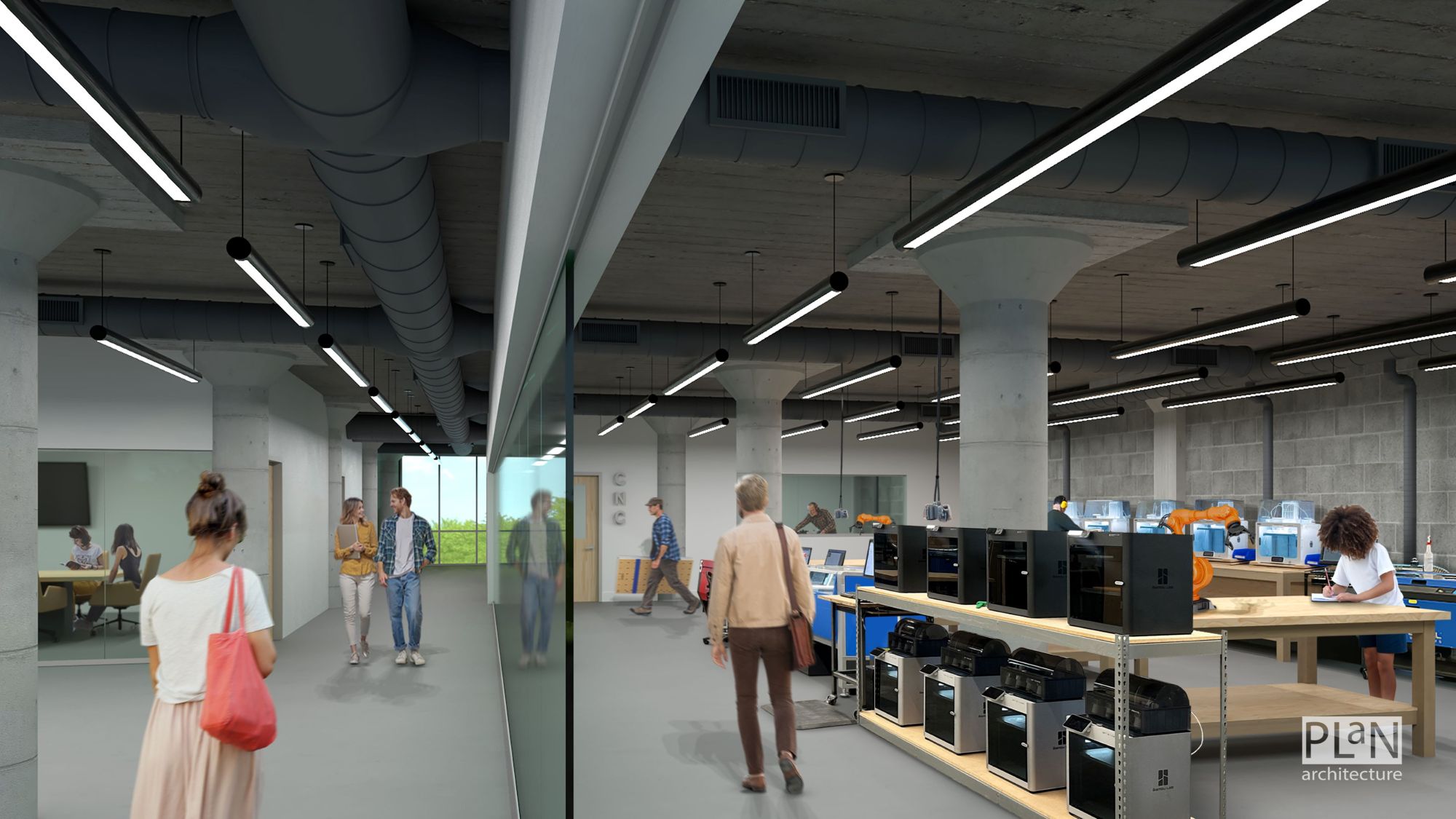 Interior rendering of coworking space with people walking and working at tables