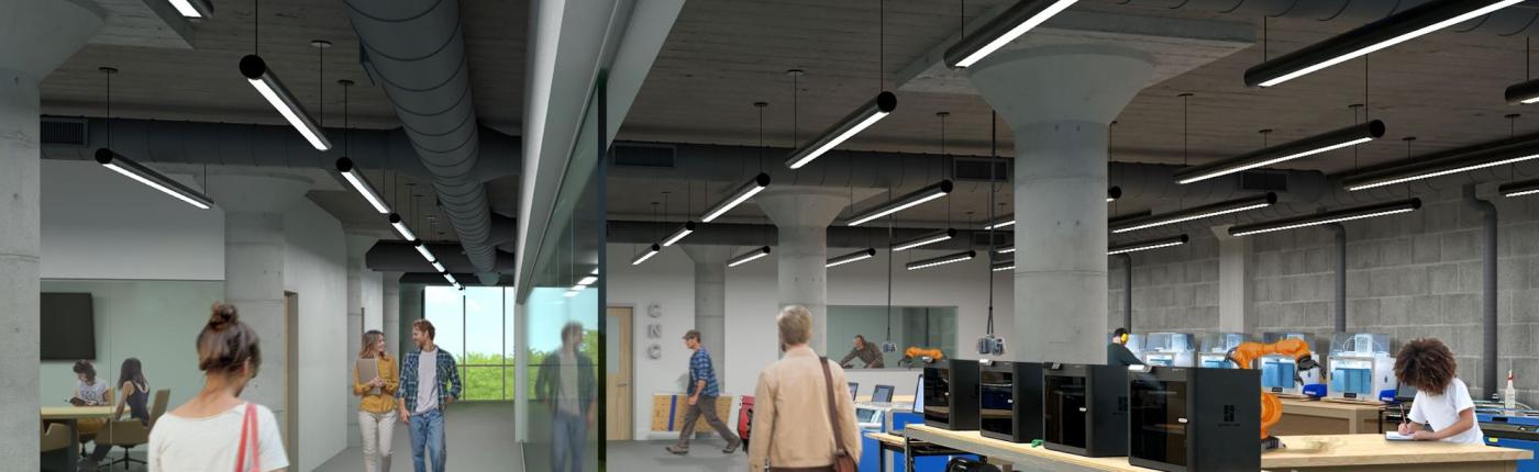 Interior rendering of coworking space with people walking and working at tables